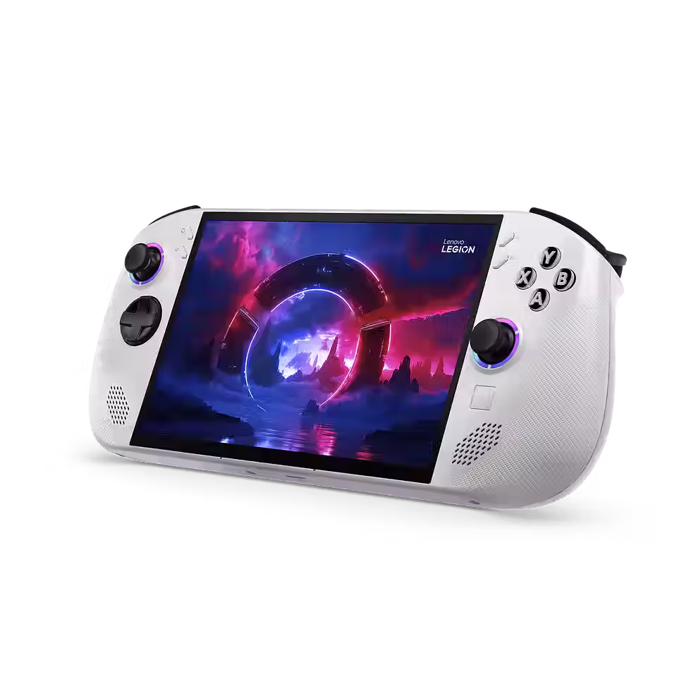 Front view of the Lenovo Legion Go S showing RGB-lit joysticks and ergonomic controls.