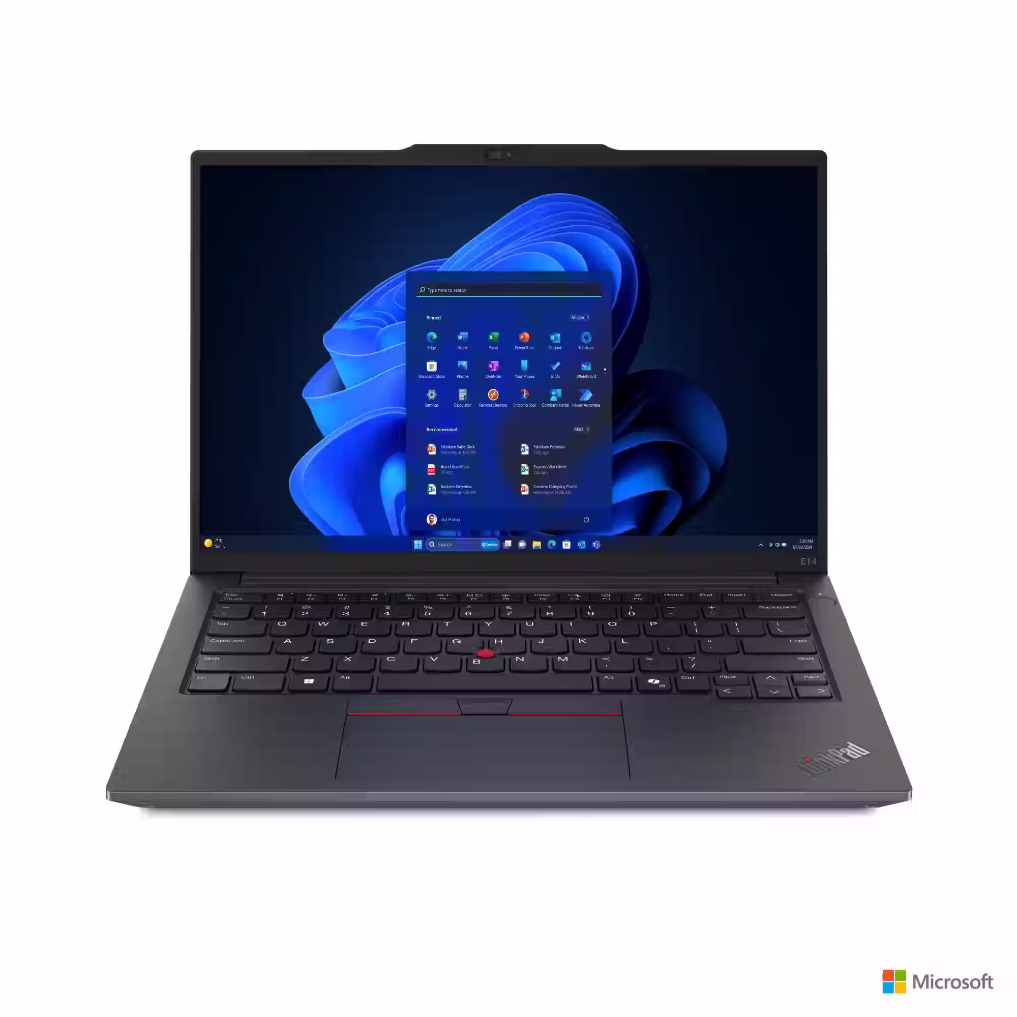 Front view of ThinkPad E14 Gen 6 open on desk showing crisp 14″ WUXGA screen and backlit keyboard.