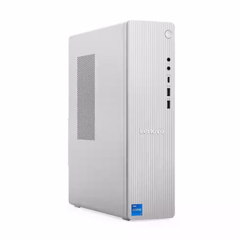 Front-facing view of Lenovo IdeaCentre Tower 08IRH9 PC showing power button and I/O panel.