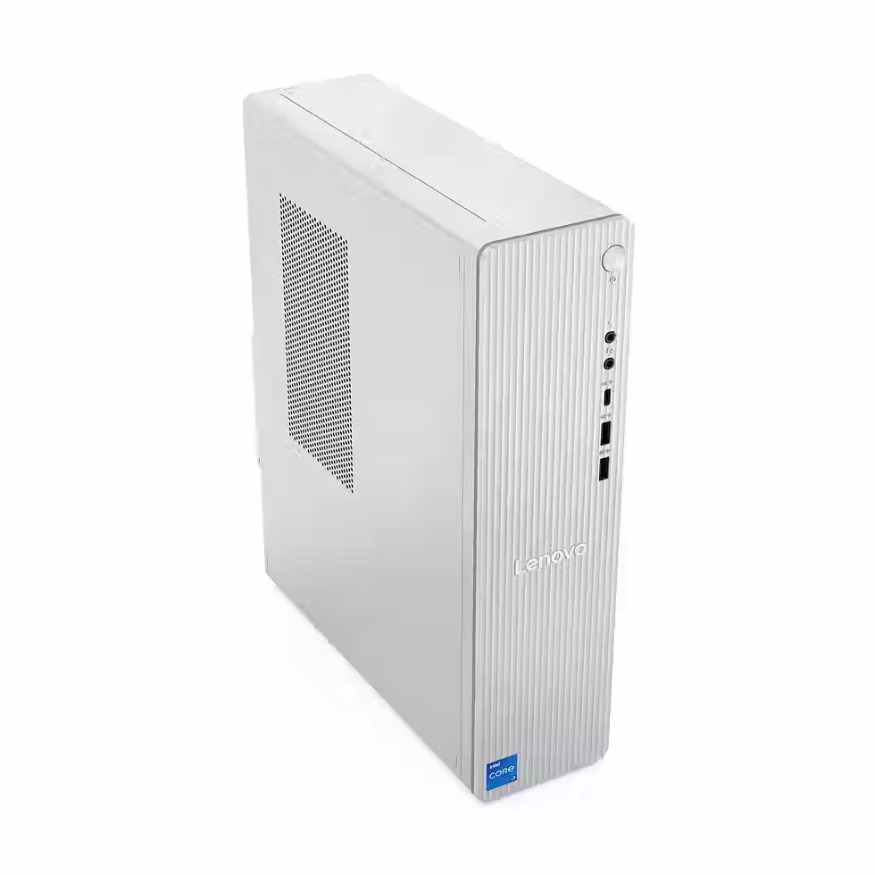 Thumbnail: Side angle of Lenovo desktop tower highlighting slim and modern form factor.