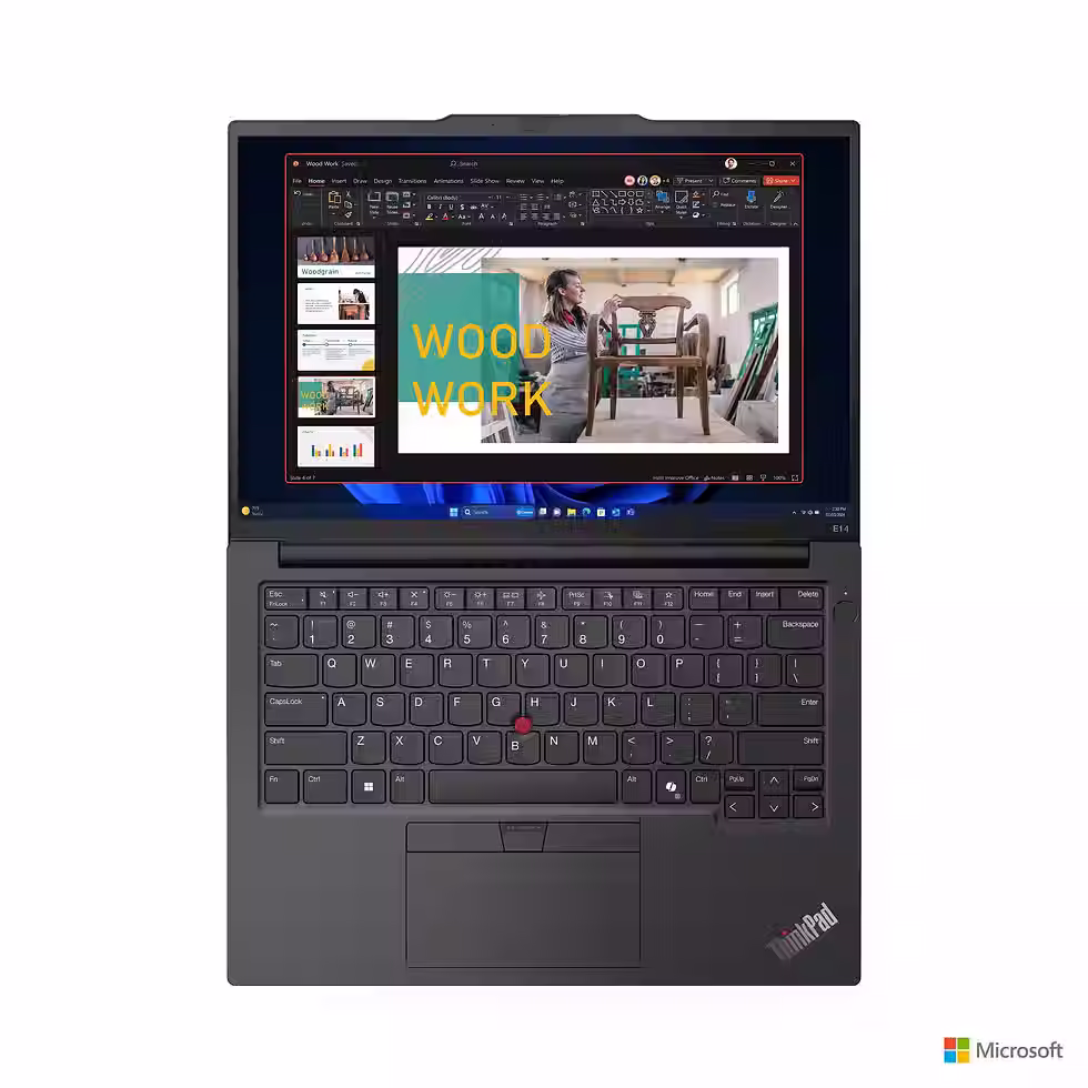 Close-up of ThinkPad E14 Gen 6 keyboard highlighting red TrackPoint and tactile keys.