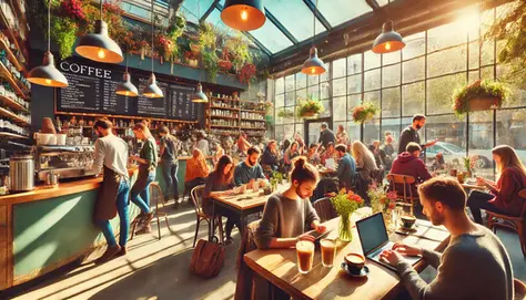 a busy coffee shop in the springtime