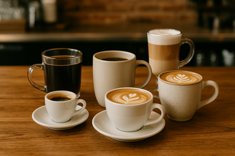 a range of different sizes and styles of coffee mugs and cups