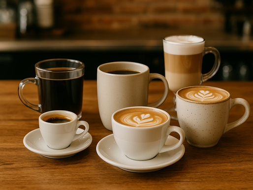 a range of different sizes and styles of coffee mugs and cups