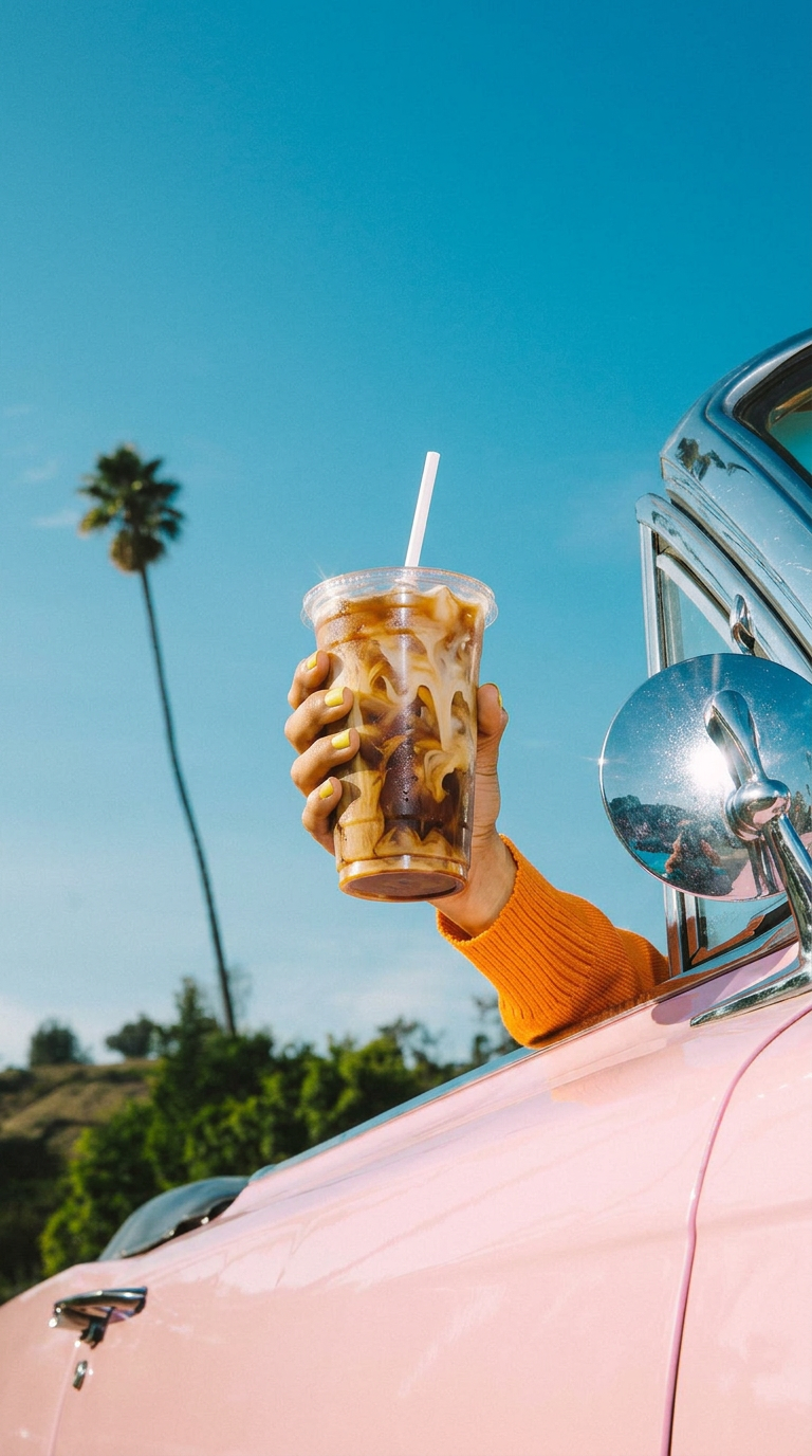 Iced coffee held out of pink car window showcase