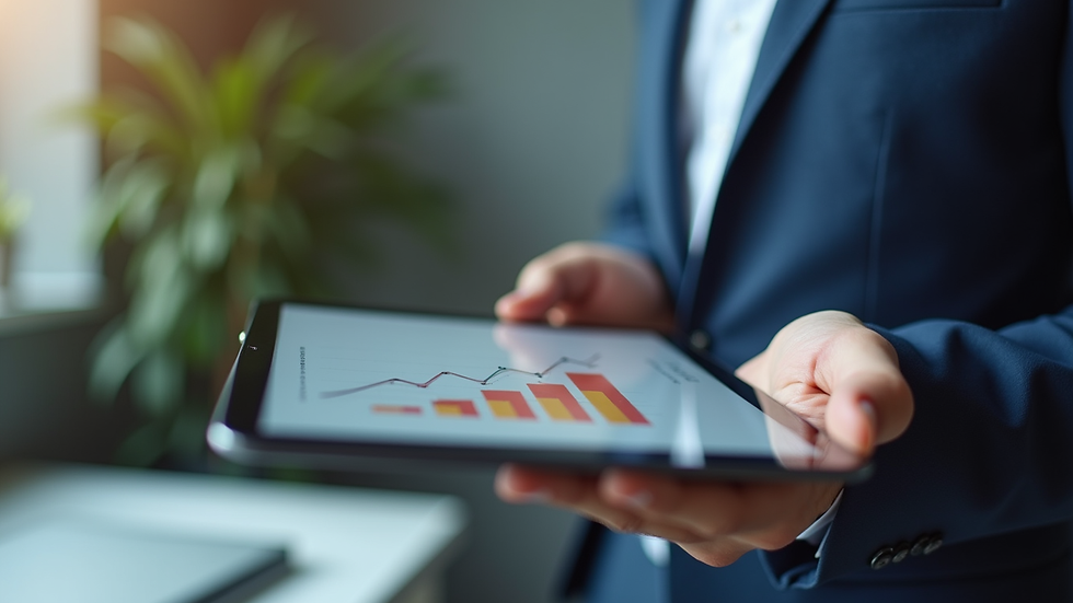 Close-up view of business consultant presenting growth strategy on digital tablet