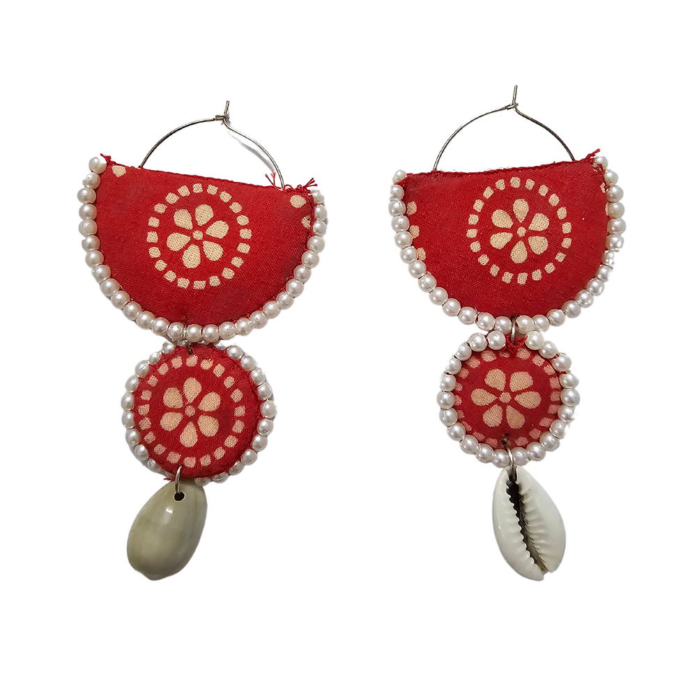 Red Fabric Hoop Earrings with Pearls and Sea Shells