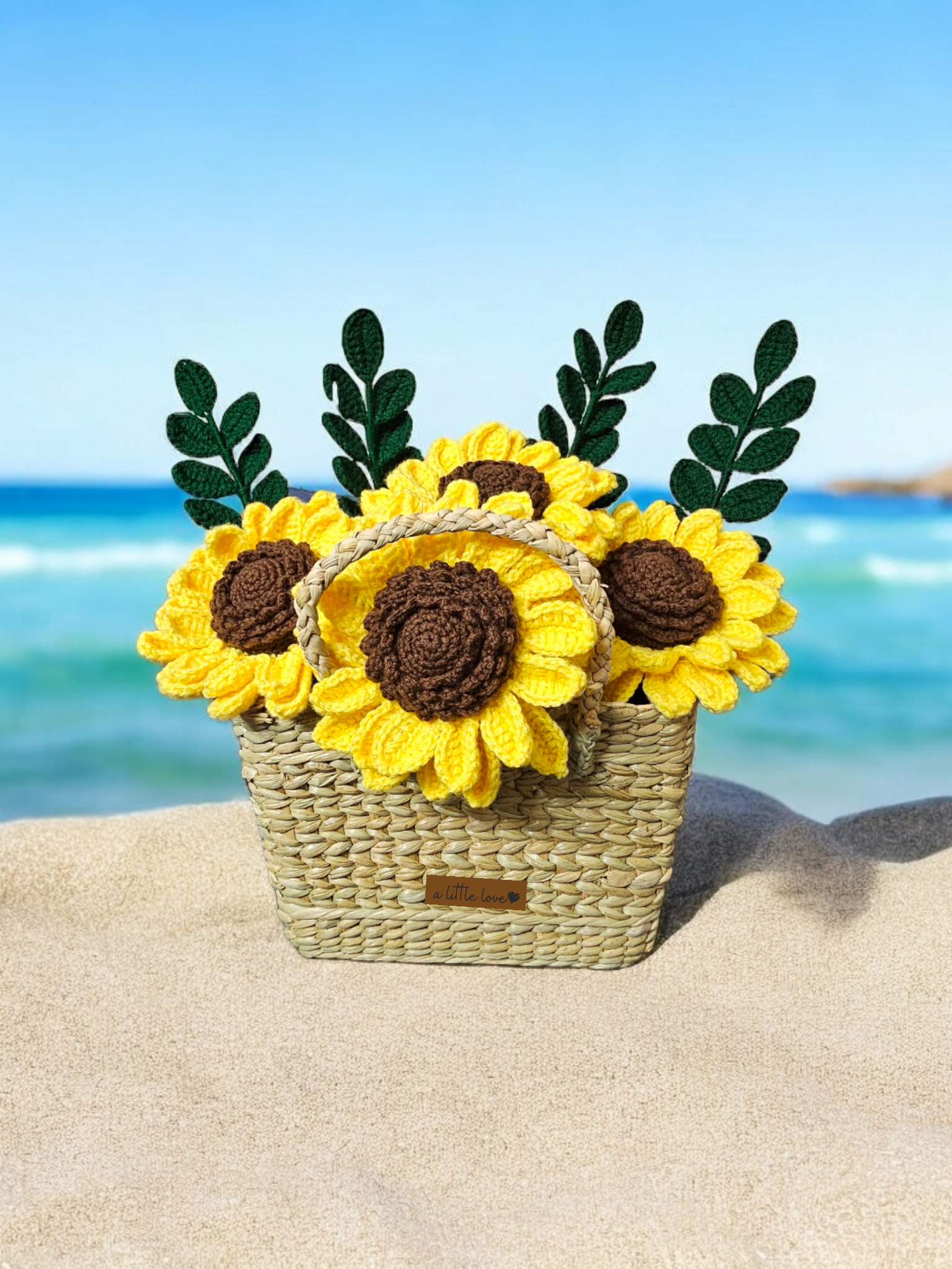 Handcrocheted Giant Sunflowers Bouquet Basket with Leaves