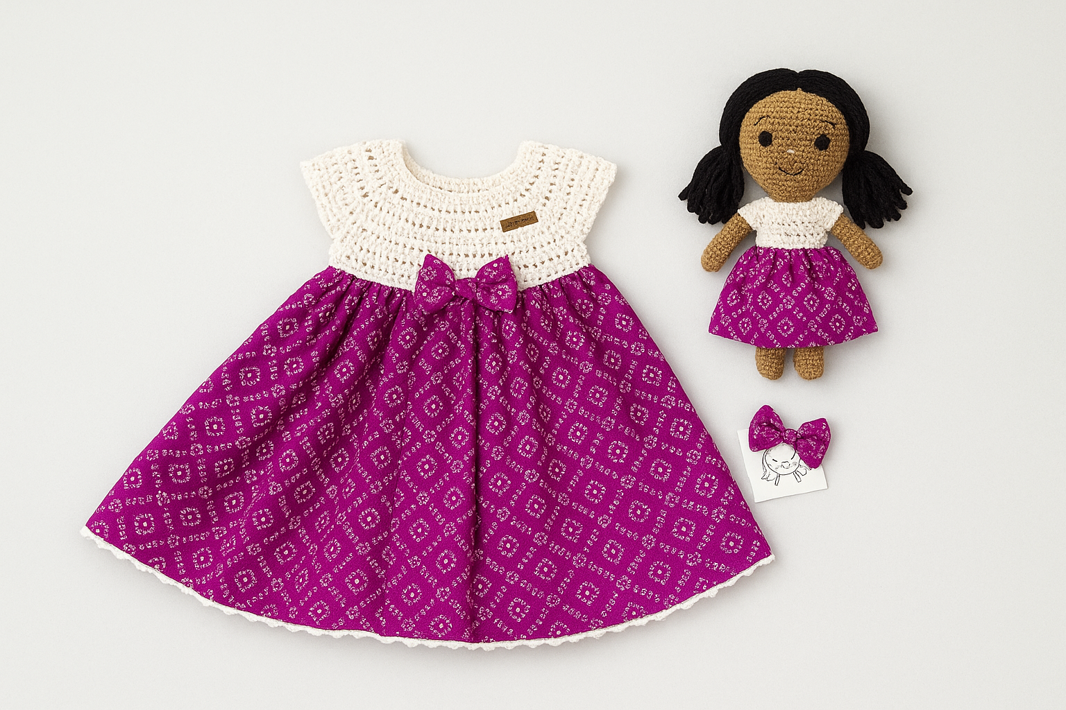 Hand-Crochet Magenta Bandhani Flare Dress with Bow & Matching Hair Clip