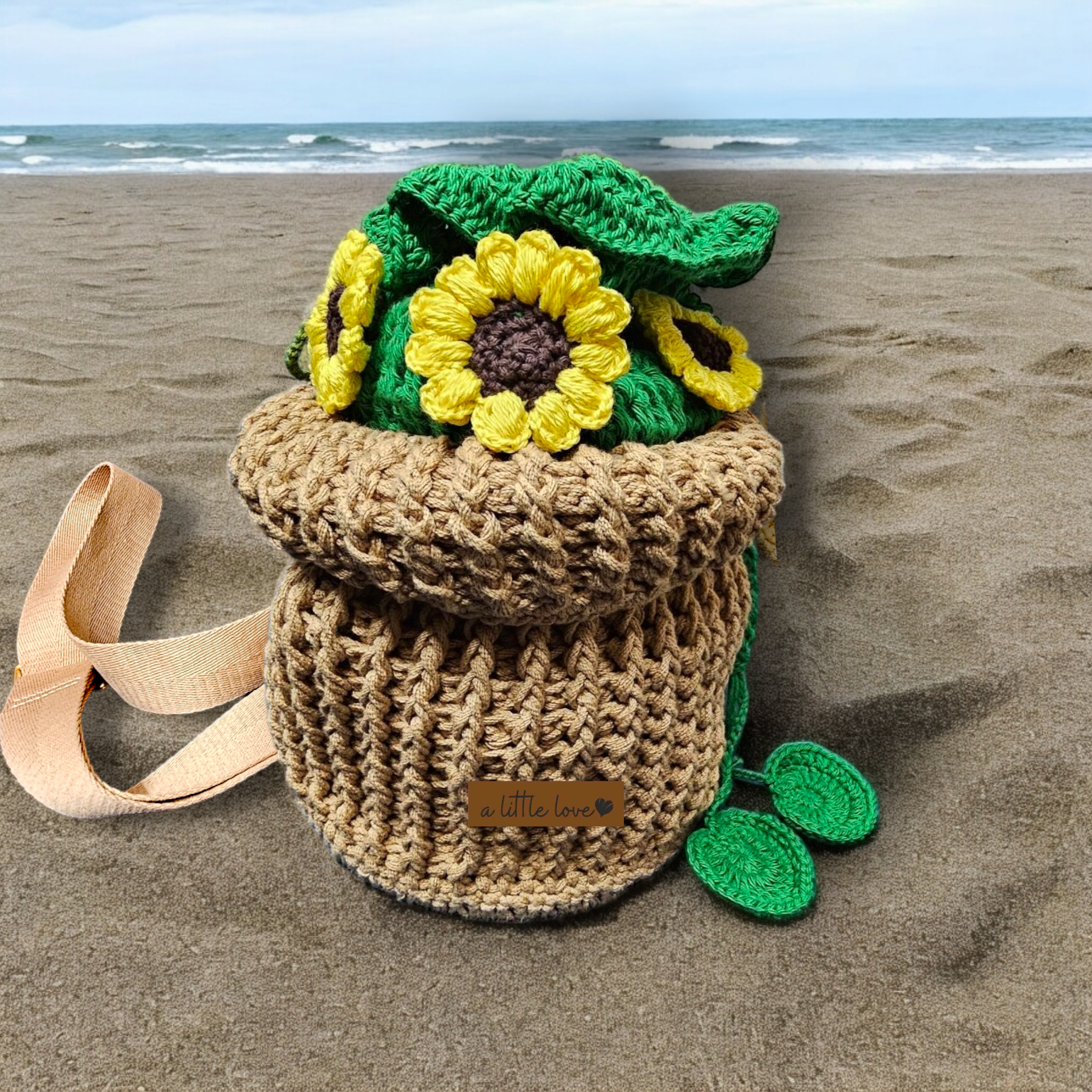 Hand Crochet Sunflowers Flower Basket Bucket Bag with Faux Leather Sling