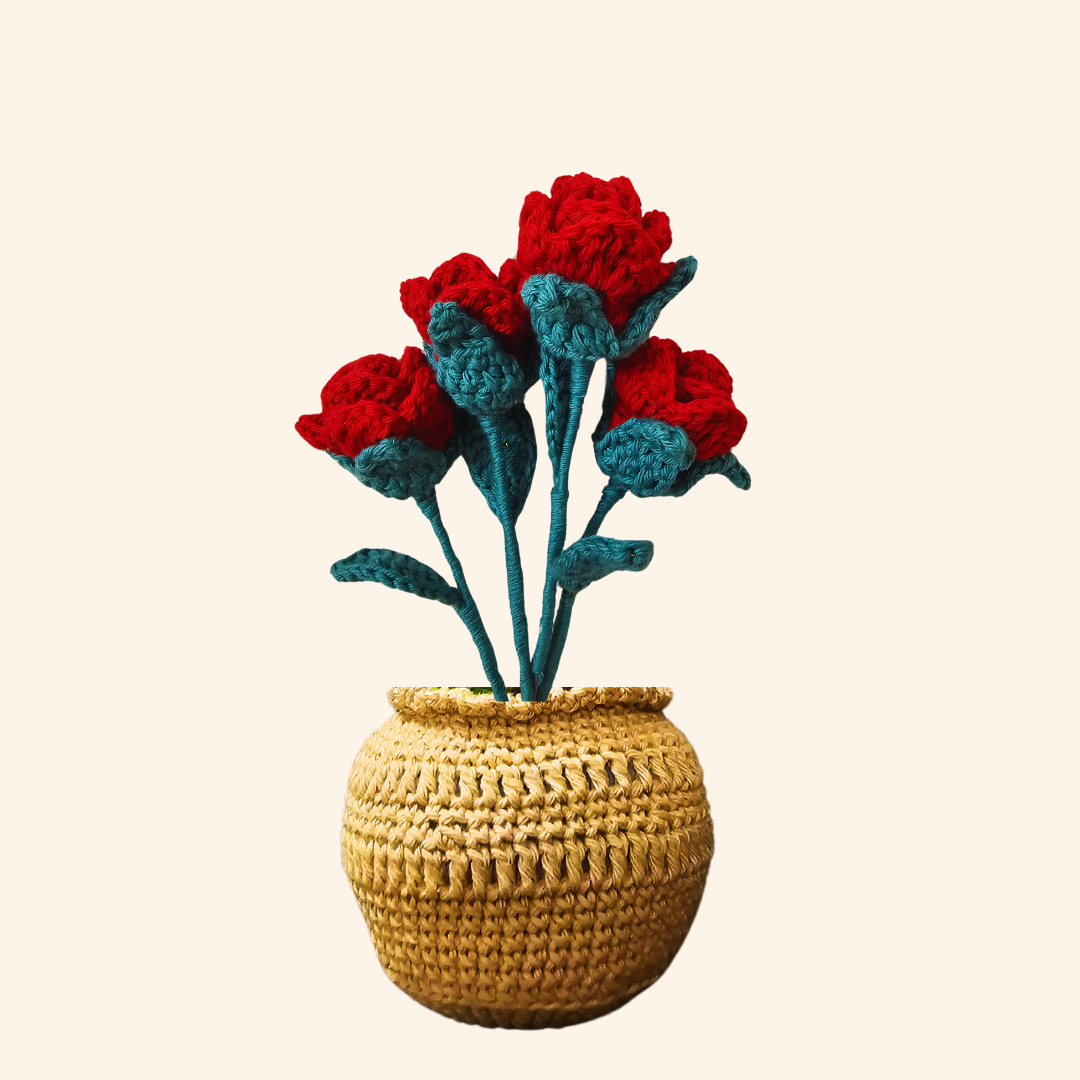 Petite Romance: Handcrocheted Miniature Red Roses Desk Planter