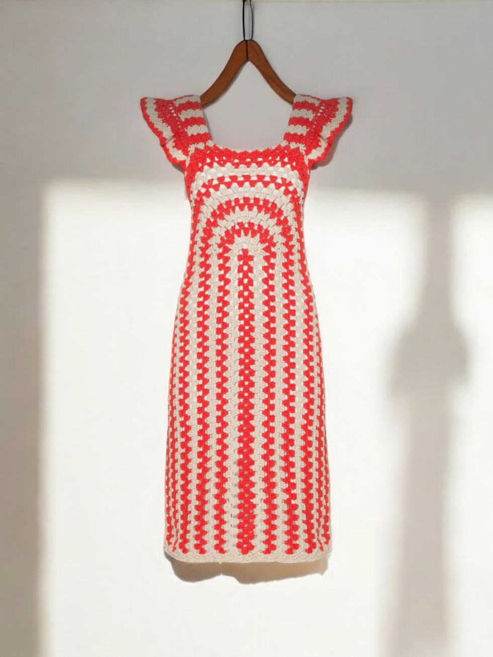 Hand-crocheted Orange and Offwhite Midi Dress