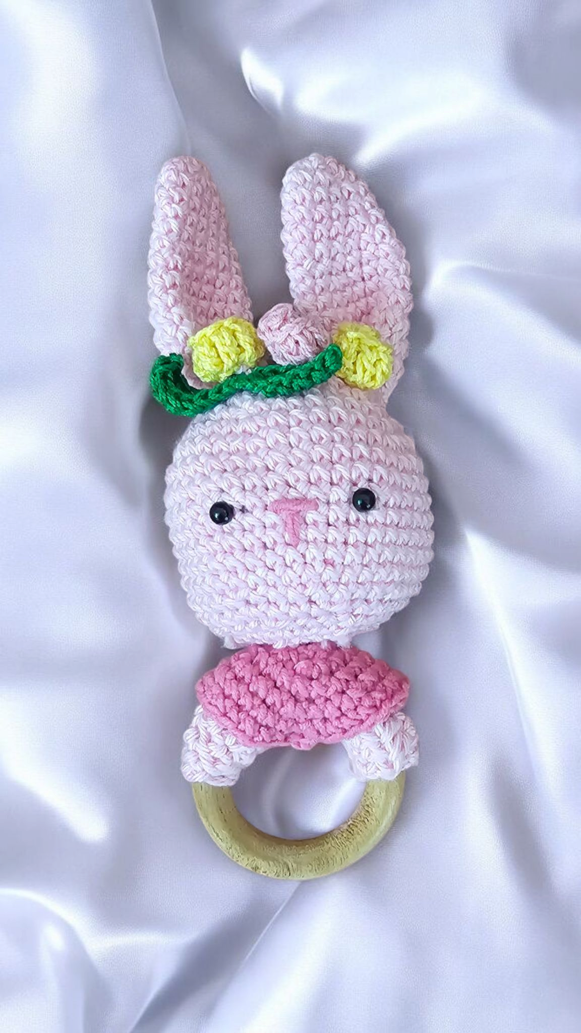 Crochet Pink Bunny Rattle – Handmade Baby Rattle with Wooden Ring