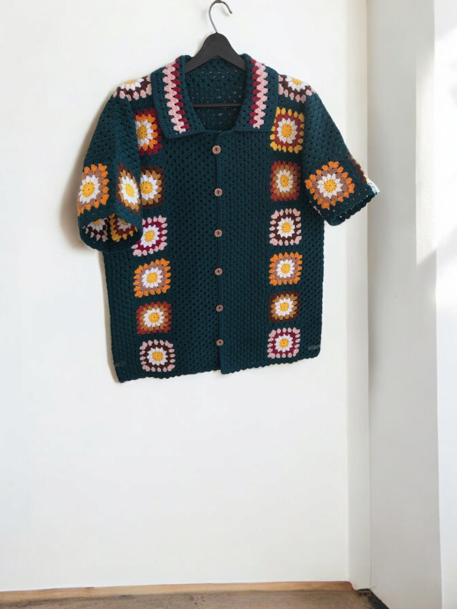 Handcrochet Men's Shirt - Peacock Green with Multicolored Granny Squares Details