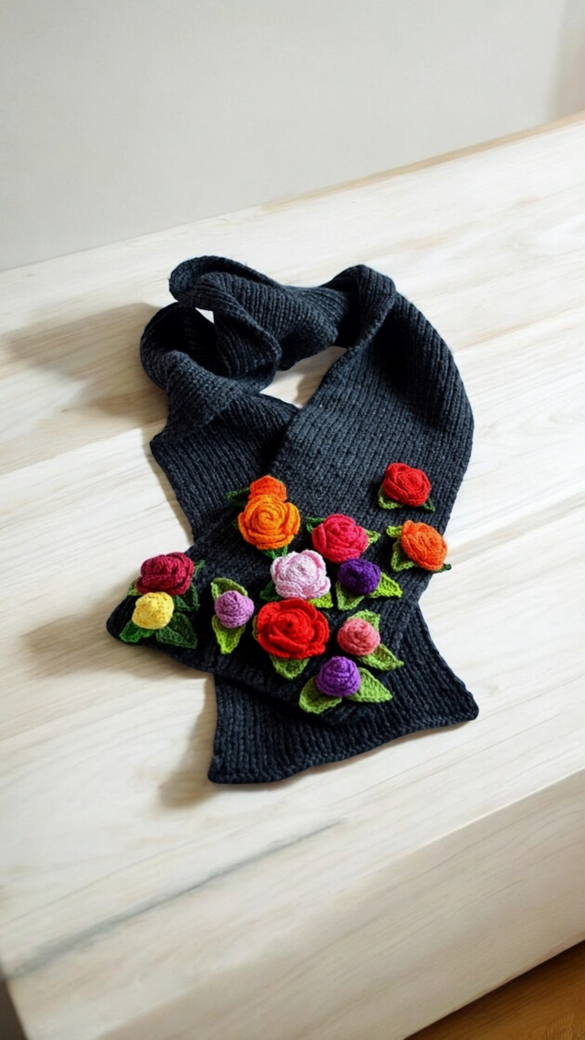 Black Handcrocheted Muffler/Scarf with Multicolor Roses