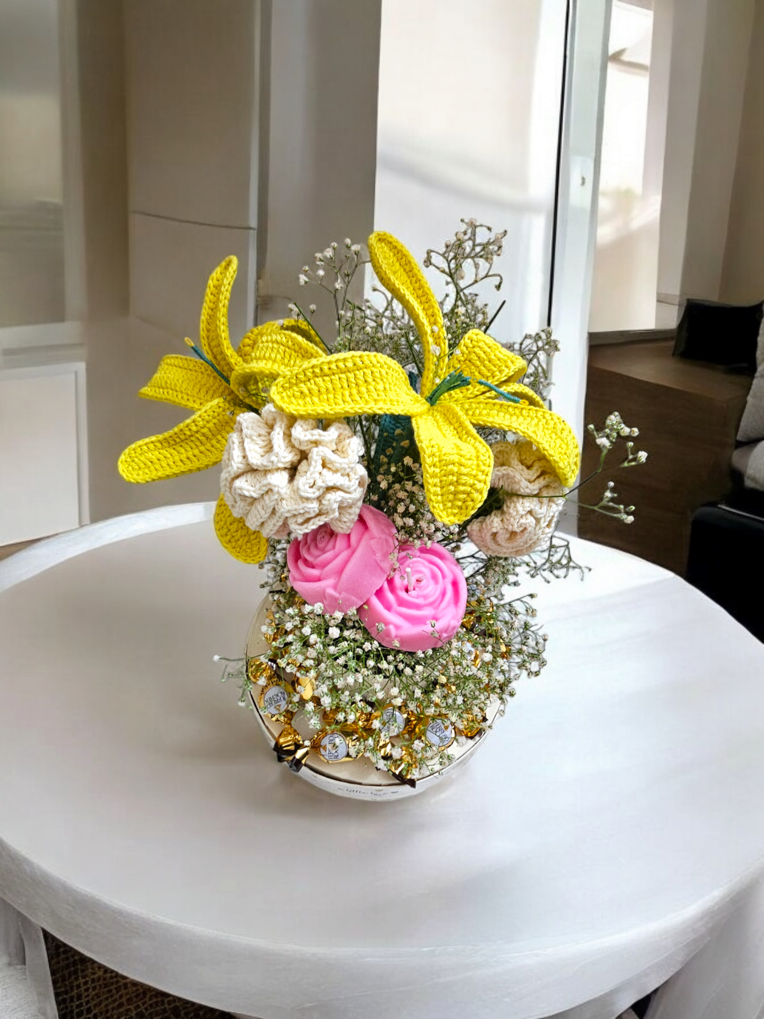 All Things Love Bouquet Box- Flowers, Candles, Chocolates Gift Box