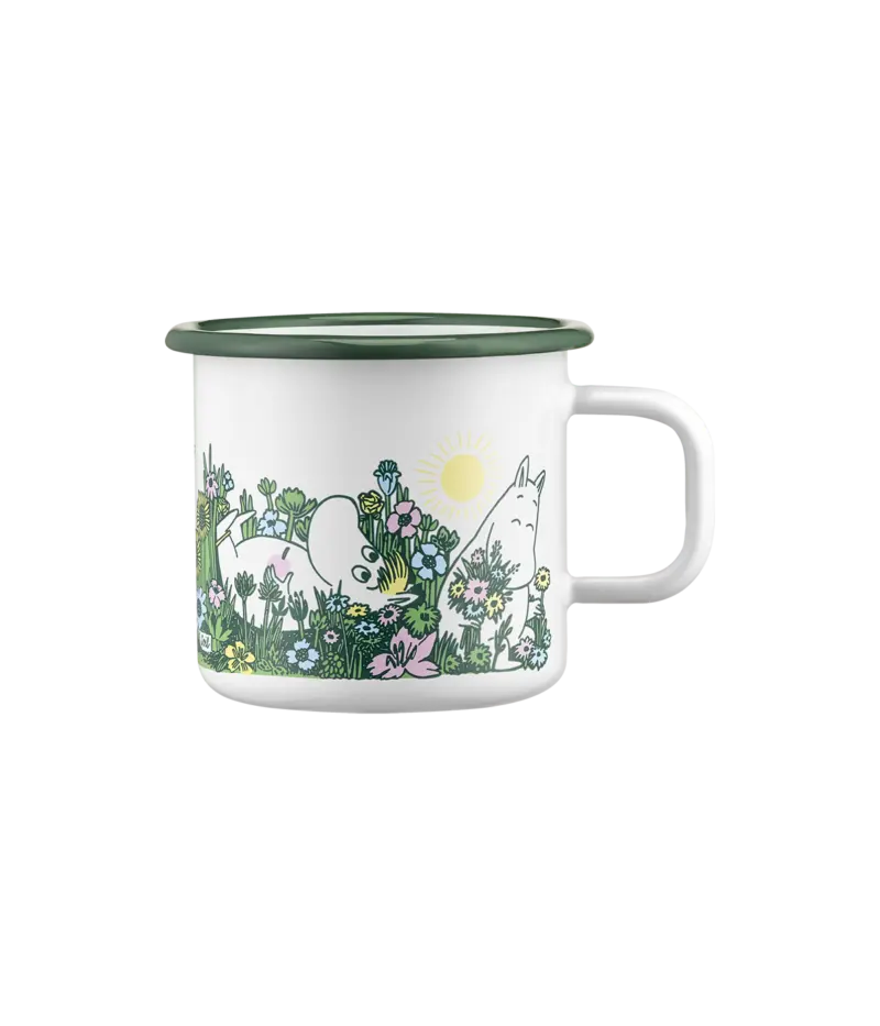 Leichte und langlebige Tasse aus Emaille mit floralem Moomin Design für heiße und kalte Getränke.