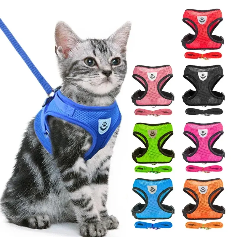 Arnês para gatos, coleira de chumbo para caminhada, coleira de poliéster, malh