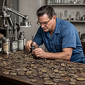 in the table are many coins, Numismat is sitting in front of tabel and cleaning and restor