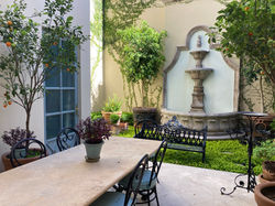 dining area garden with fountain