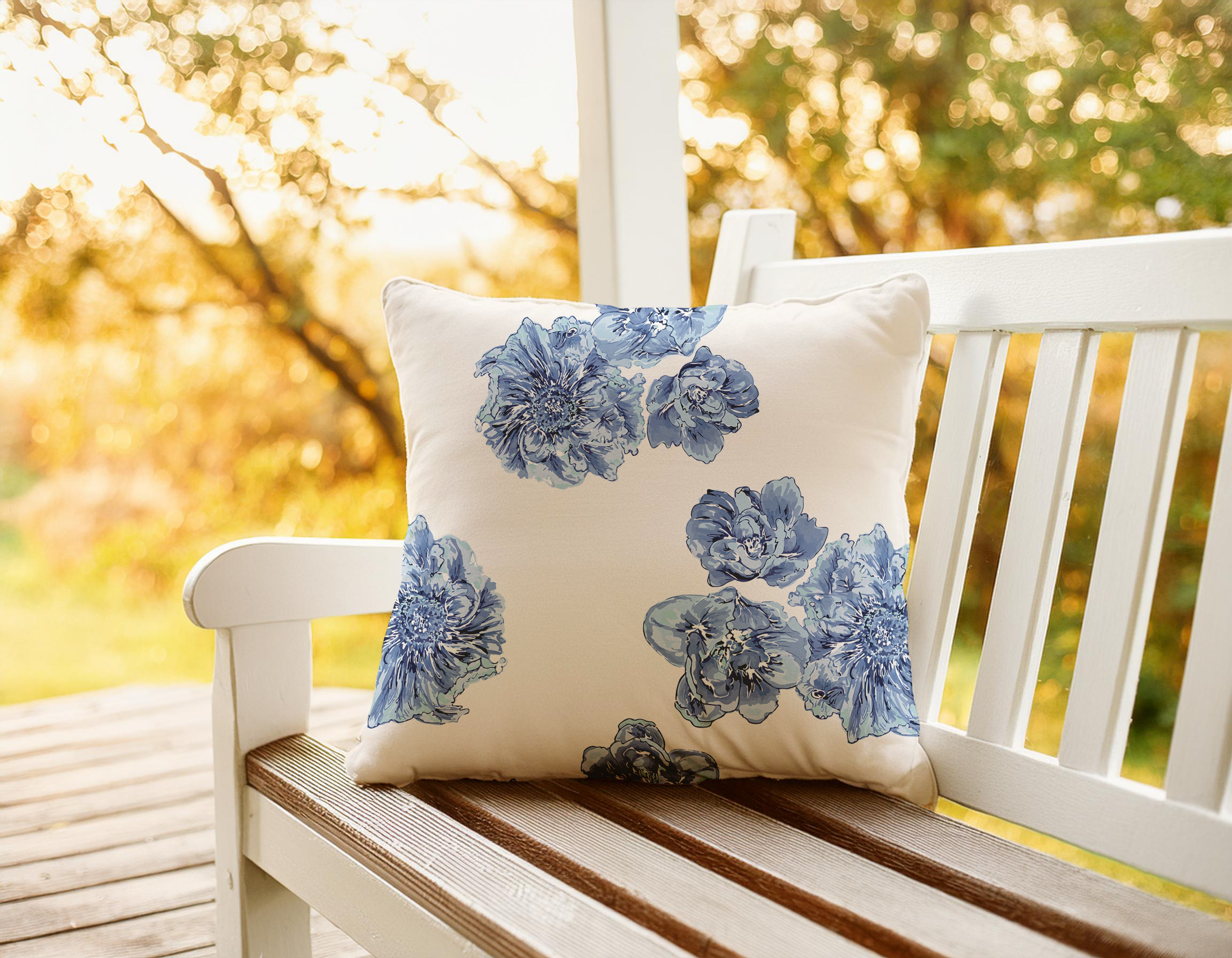 Coastal Blues Beach Roses- Navy Outdoor Pillow