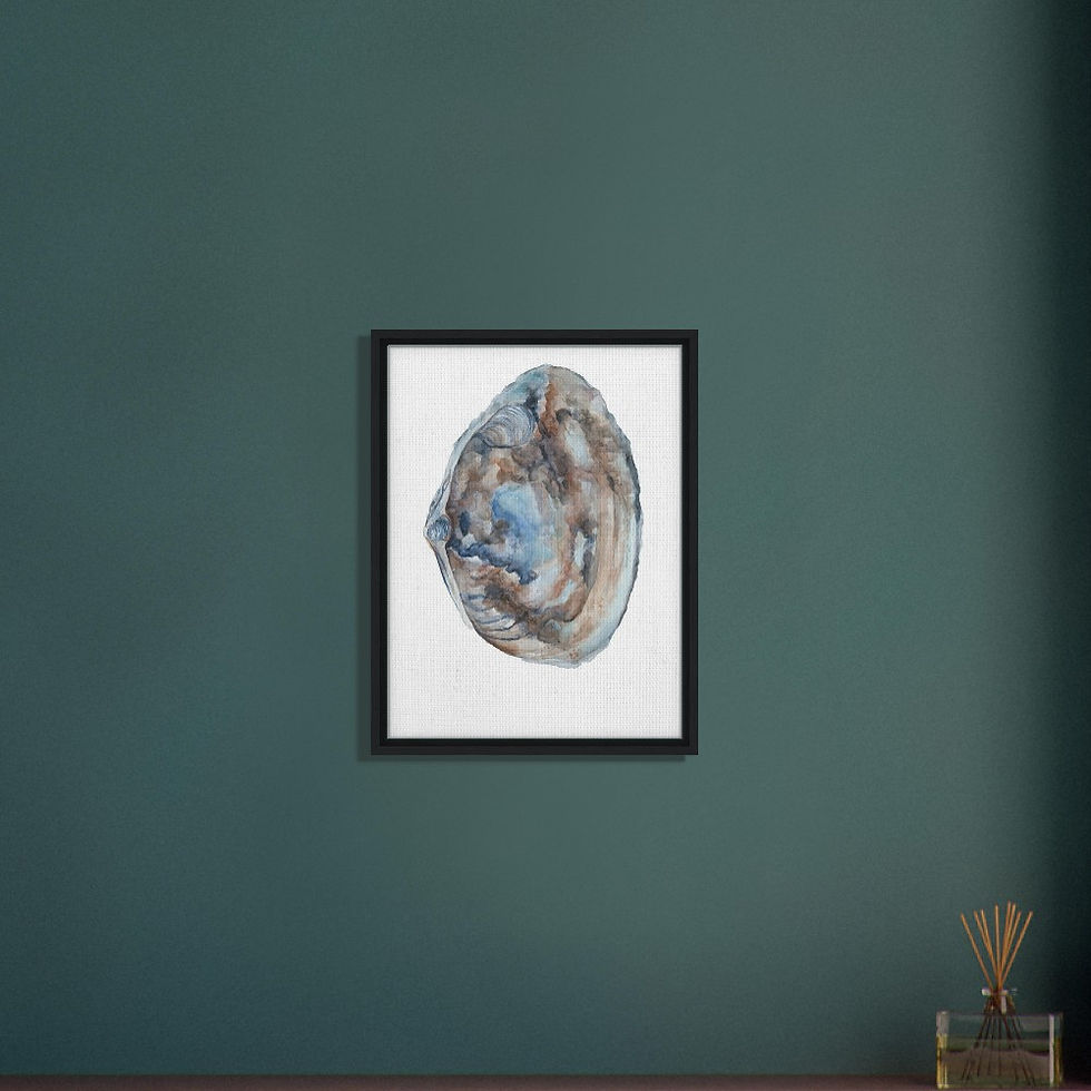 Thumbnail: Blue and Rust Clam Shell Framed Canvas Print | Coastal Cottage Wall Art