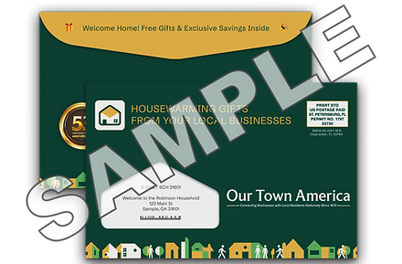 Sample new mover welcome envelope with housewarming gifts from local businesses