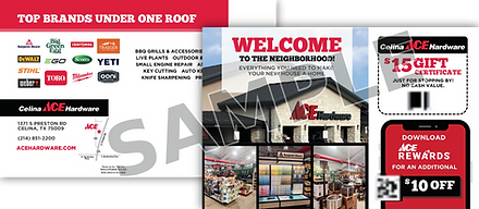 Sample new mover postcard for Celina Ace Hardware in Celina, Texas, front and back with a welcome gift offer