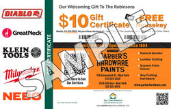 Sample Garber's Hardware $10 new mover welcome gift certificate and free housekey