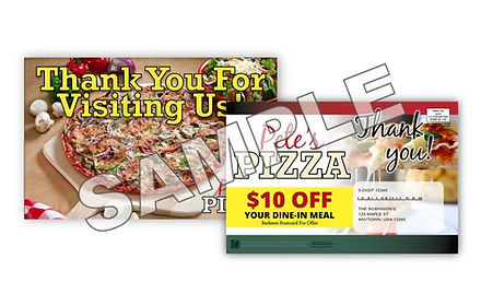 Sample Pete's Pizza thank-you postcard with a $10 off second-visit offer