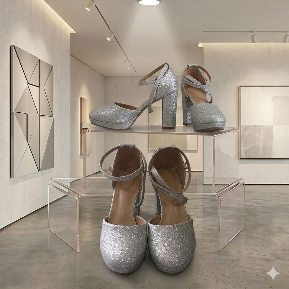 Silver glittering dancing shoes DS005 shown in a showroom.