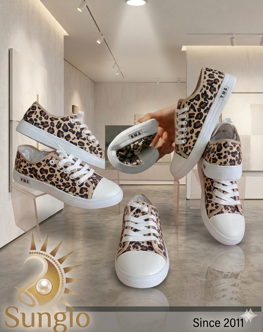 Leopard spotted sneakers displayed in various angles