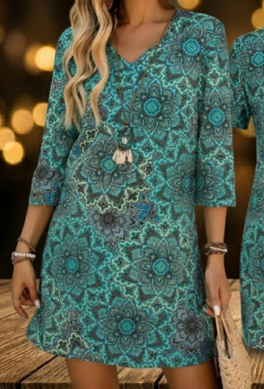 Bohemian green dress with mandala patterns