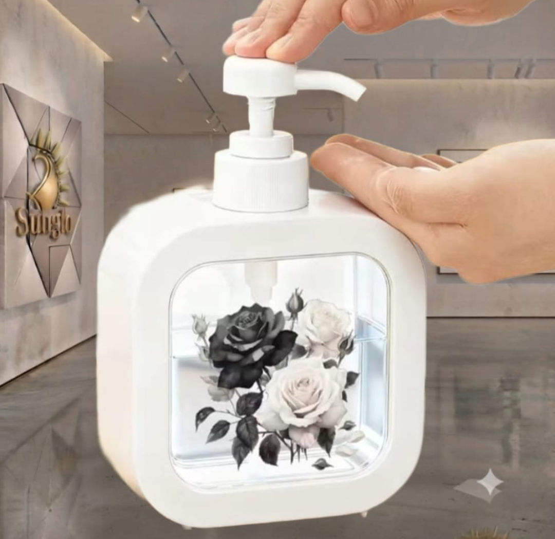 White square soap dispenser with black and white roses
