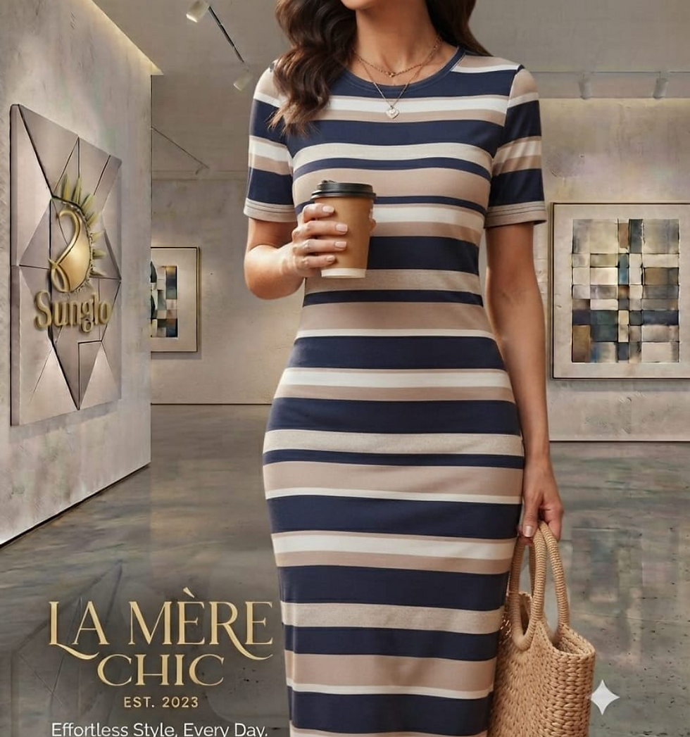 La Mere casual dress in a navy and beige striped pattern.