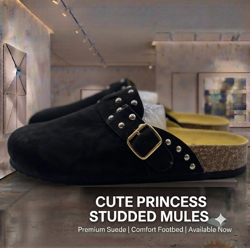 Black studded suede mules with buckle and comfort footbed