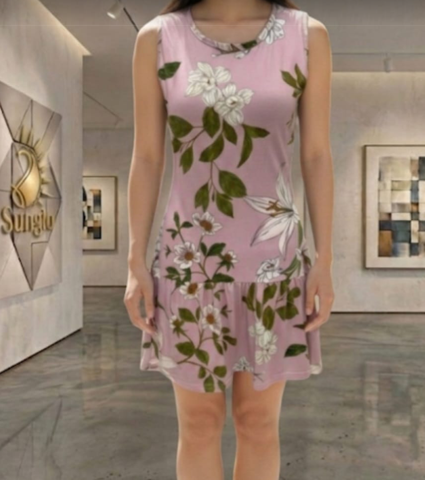 Pink short dress with white floral and green leaf print.