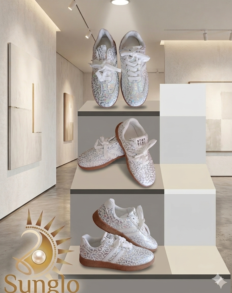 White and silver sneakers displayed on tiered pedestals