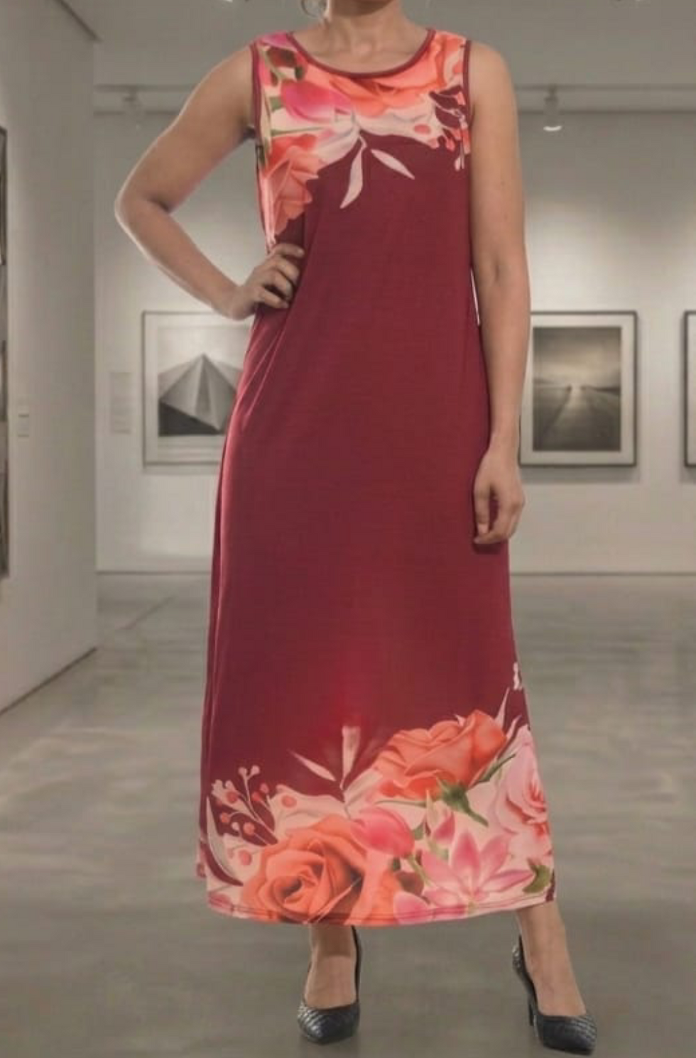 Maroon maxi dress with red flower pattern at the hem