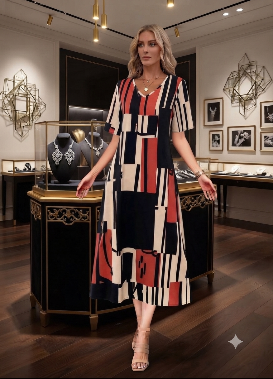 Model in a bohemian v-neck dress with geometric patterns