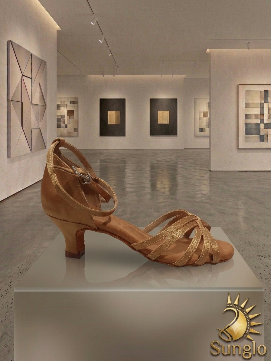 Buckskin dancing shoe DS006 on display in a gallery