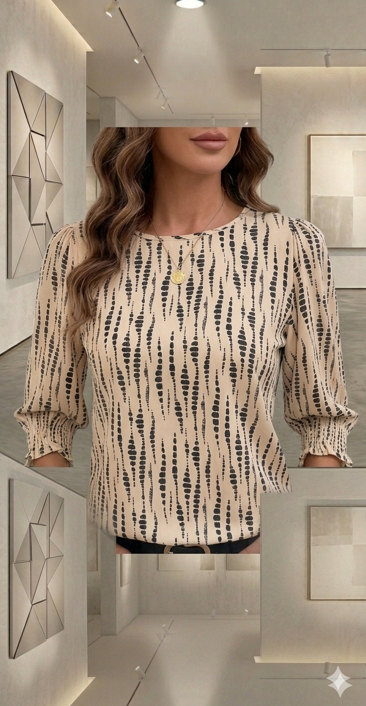 Woman wearing a stripey black and cream long-sleeve top.