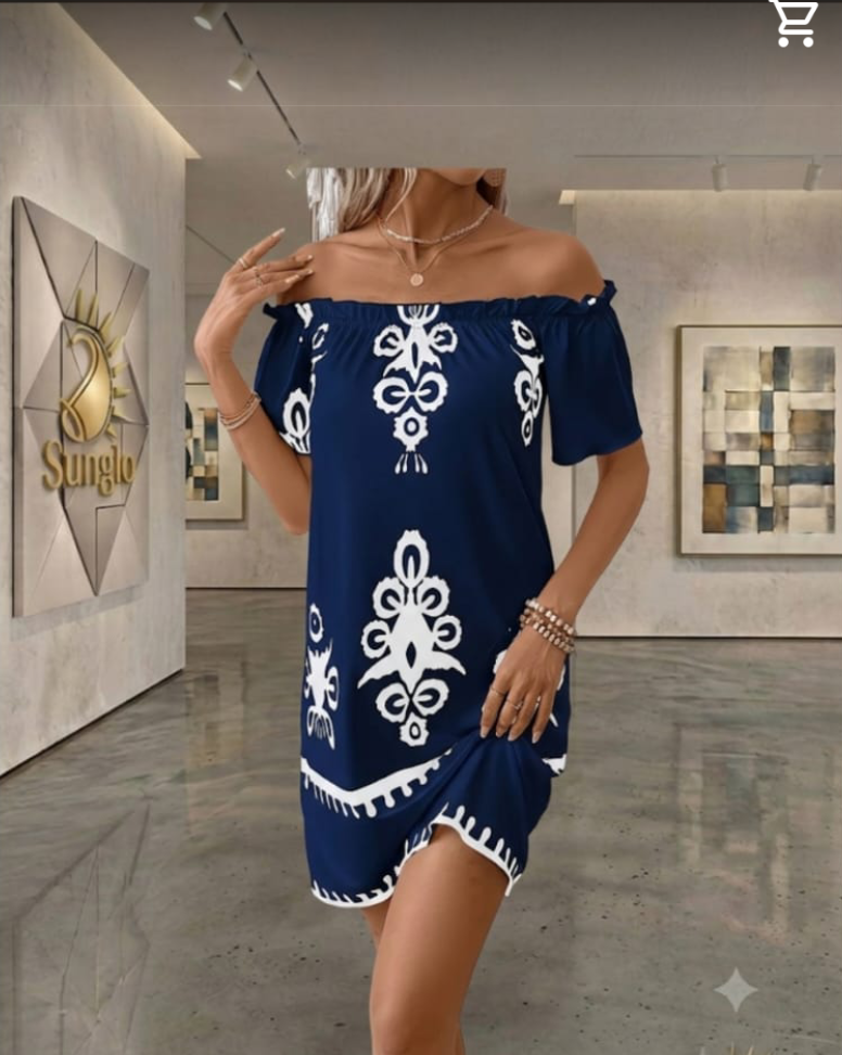 Blue and white off the shoulder dress with tribal print