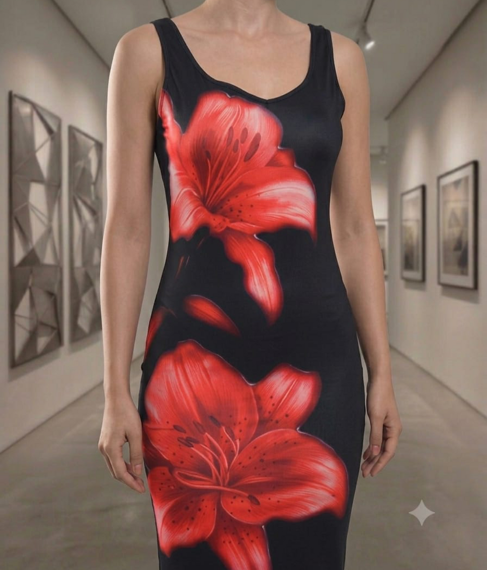 Black dress with red flowers in an art gallery
