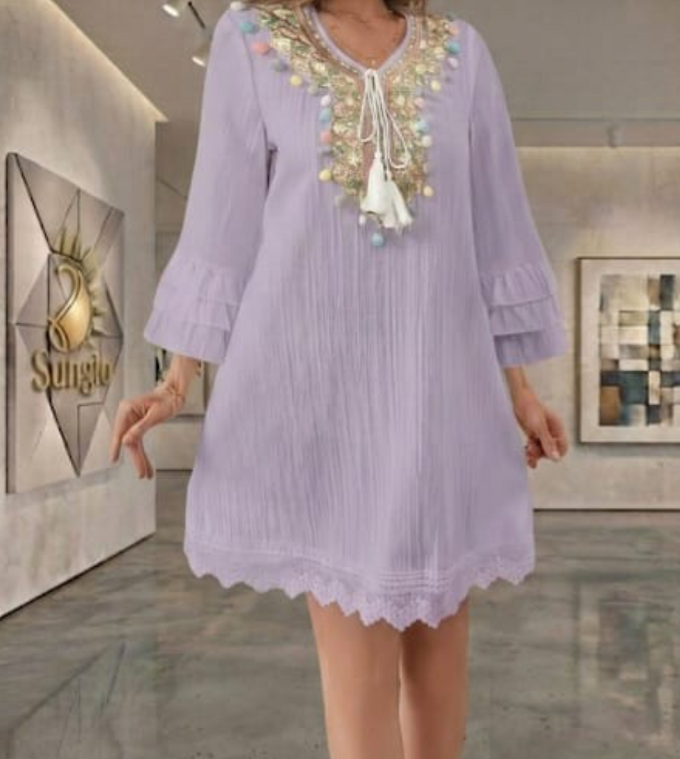 Lavender dress with embroidery and bell sleeves