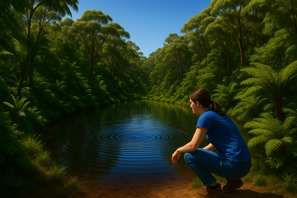 A person in a blue shirt crouches by a serene forest pond, creating ripples in the clear water. Lush green trees surround the scene.