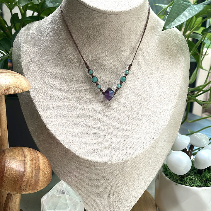 Thumbnail: Double Terminated Amethyst + Faceted Gemstone Bead Necklace