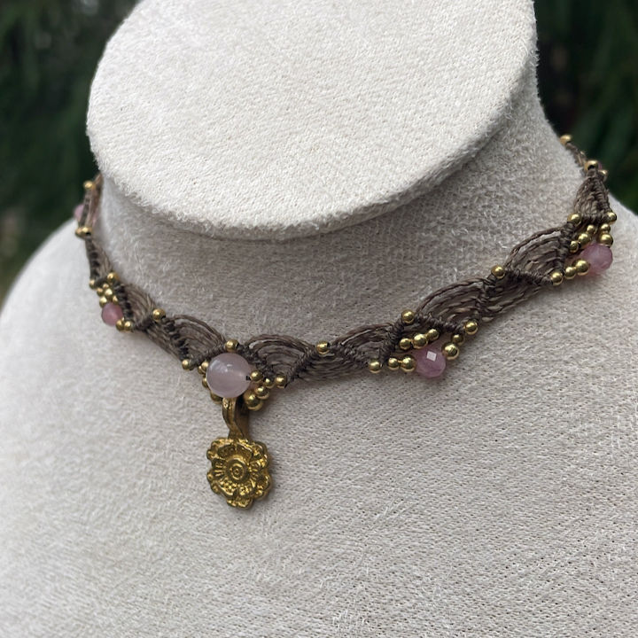 Thumbnail: Rose Quartz & Brass Charm Choker |Sepia Cord|
