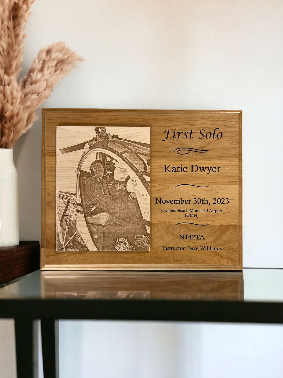 Personalized aviation gift: airport diagram plaque celebrating a pilot’s first solo flight