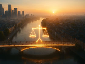 A dawn aerial of a river city where a bridge glows with golden light trails forming a balanced-scale silhouette linking both sides.